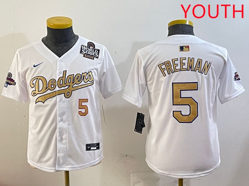 Youth Los Angeles Dodgers 5 Freeman White Champion gold character 2025 Nike MLB Jersey style 3